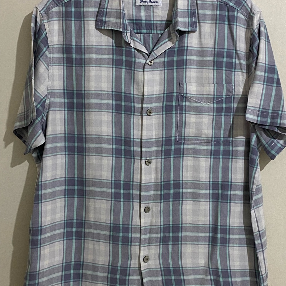 Tommy Bahama Gray and Blue Plaid Short-Sleeve Camp Shirt Size XL